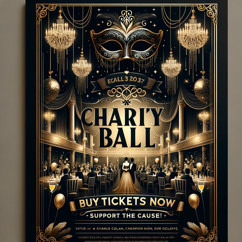 DALL·E 2024 03 07 09.55.14 Create a charity ball event poster with a strong Call To Action CTA saying Buy Tickets Now Support the Cause. The design should