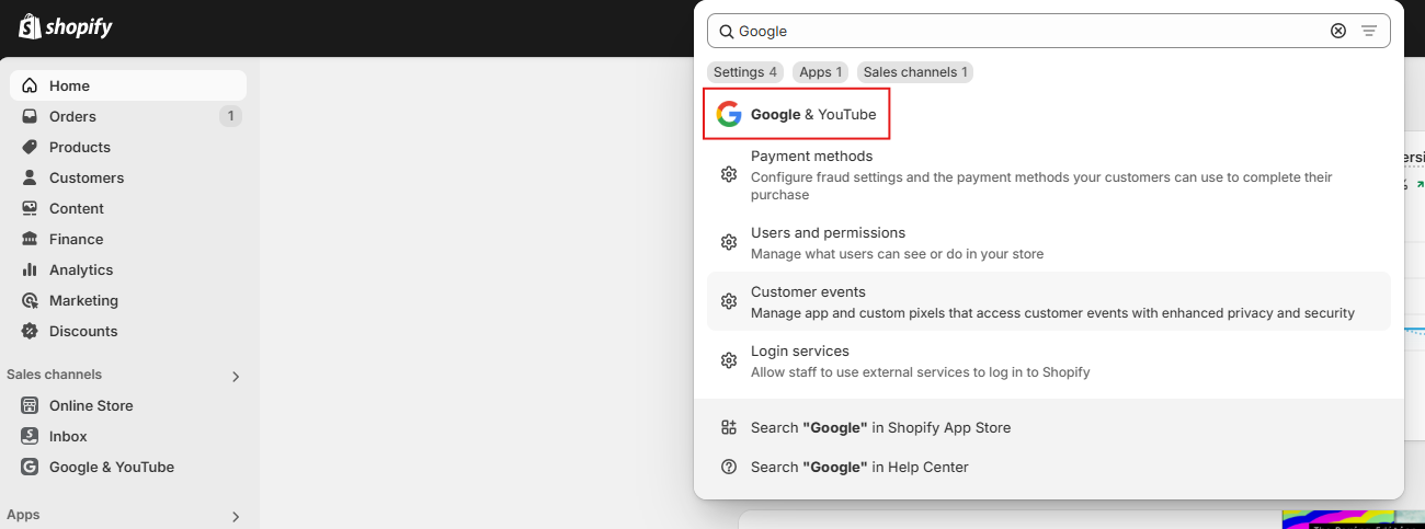 Google & Youtube app in Shopify dashboard