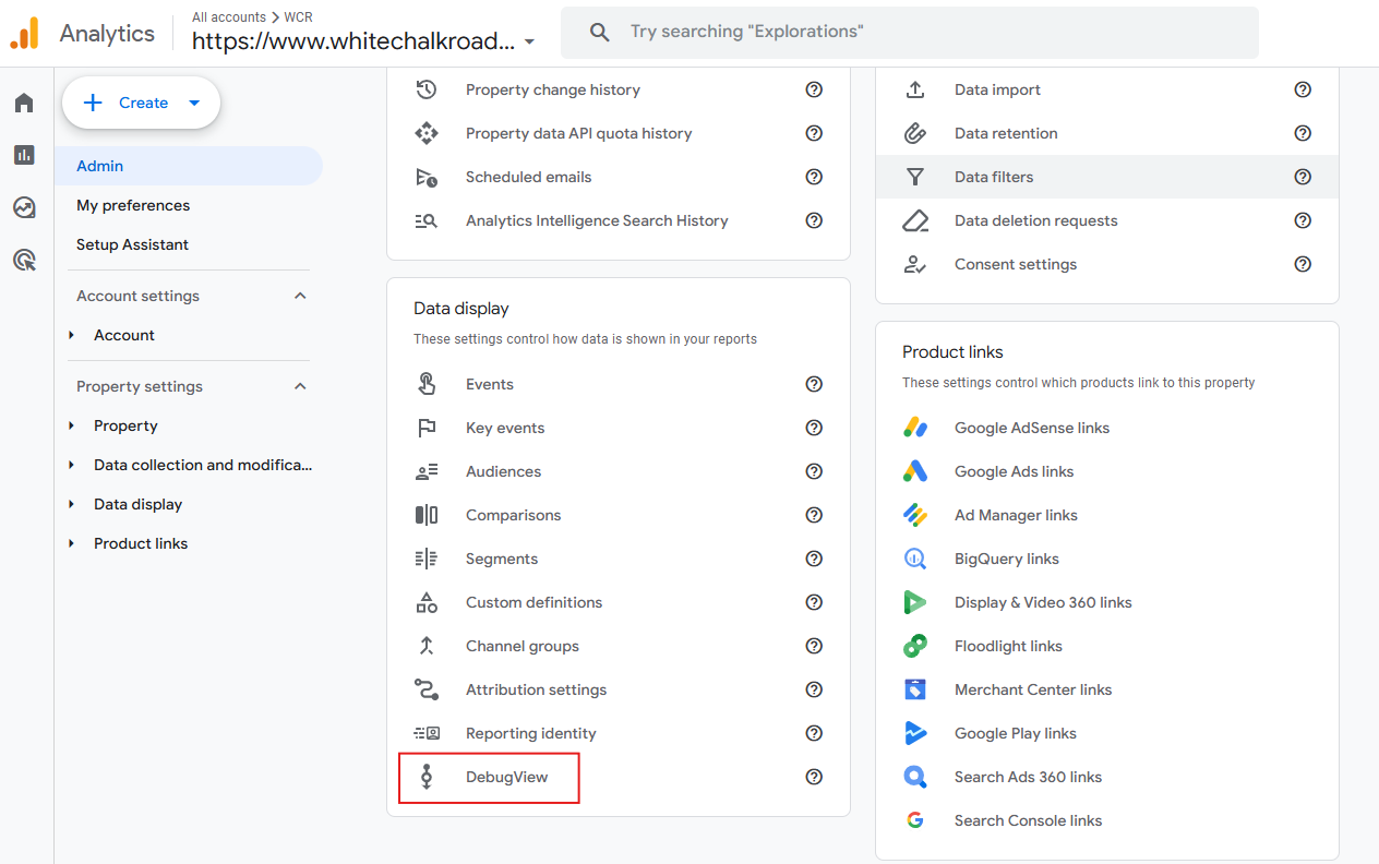 debug view in GA4 admin