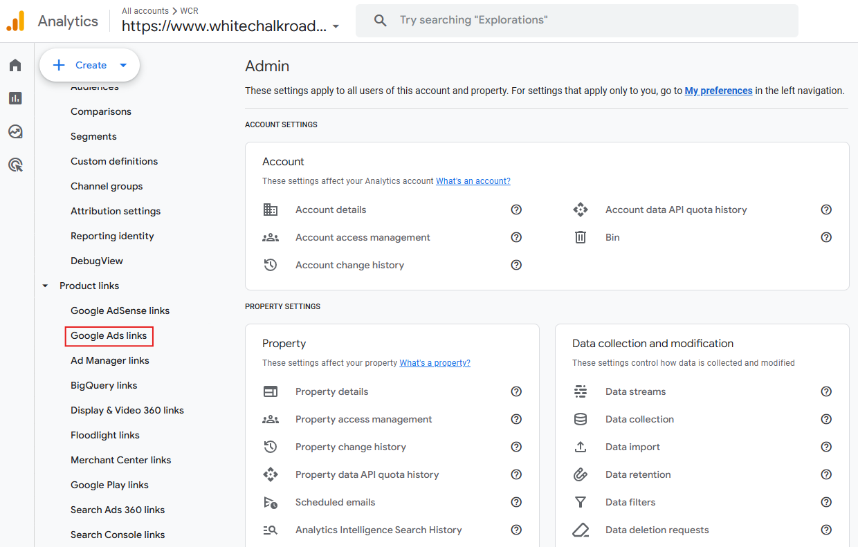 google ads links in GA4 admin