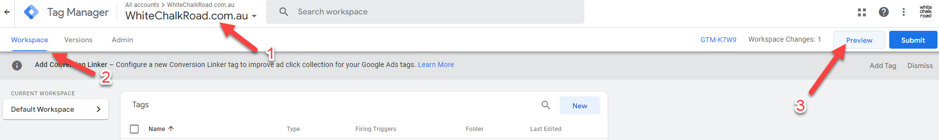 Access preview mode in Google Tag Manager.