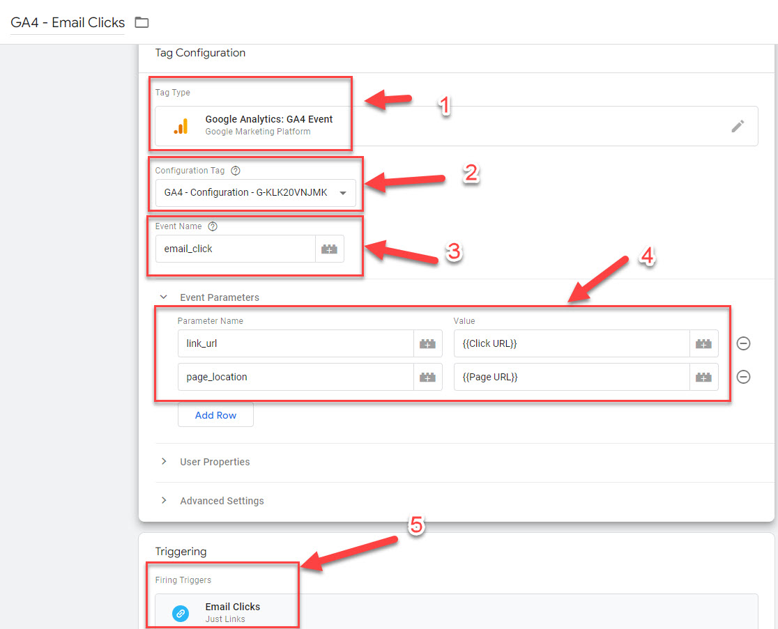 Setup ‘GA4 - Email Clicks’ tag in Google Tag Manager.