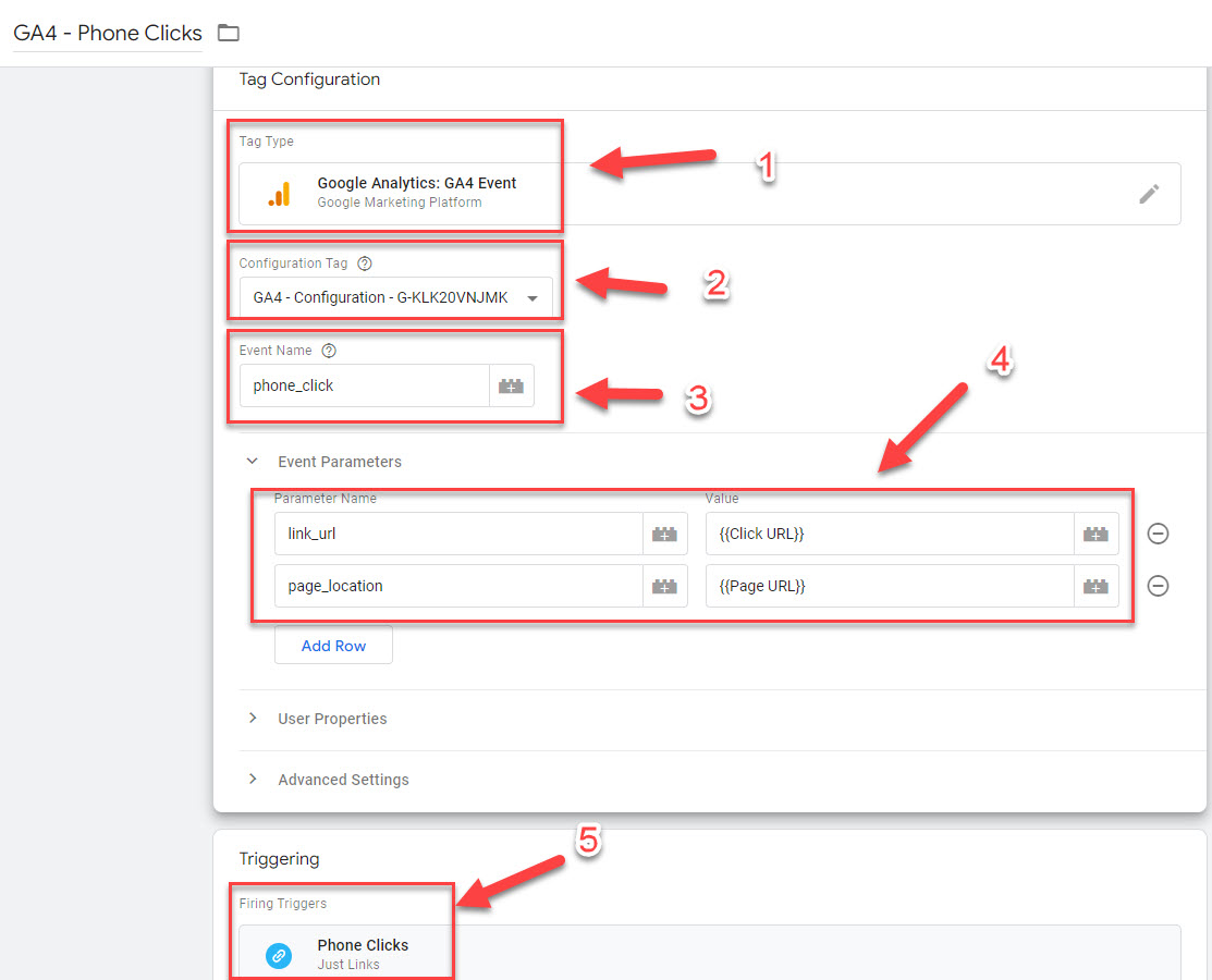 GA4 - ‘Phone Clicks’ tag in Google Tag Manager.