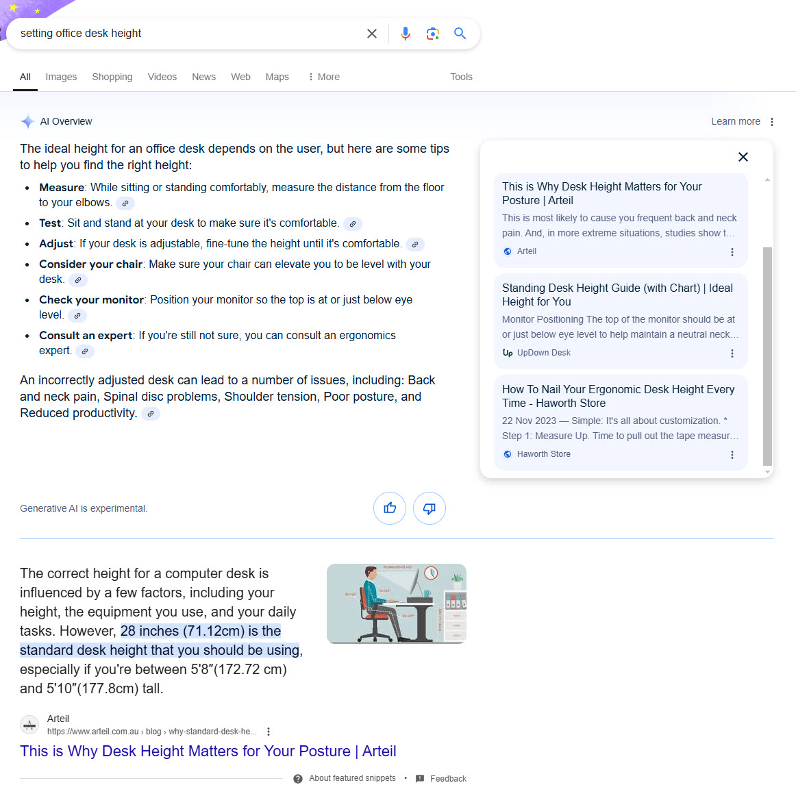 An AI Overview response in Google for the search query "setting office desk height".