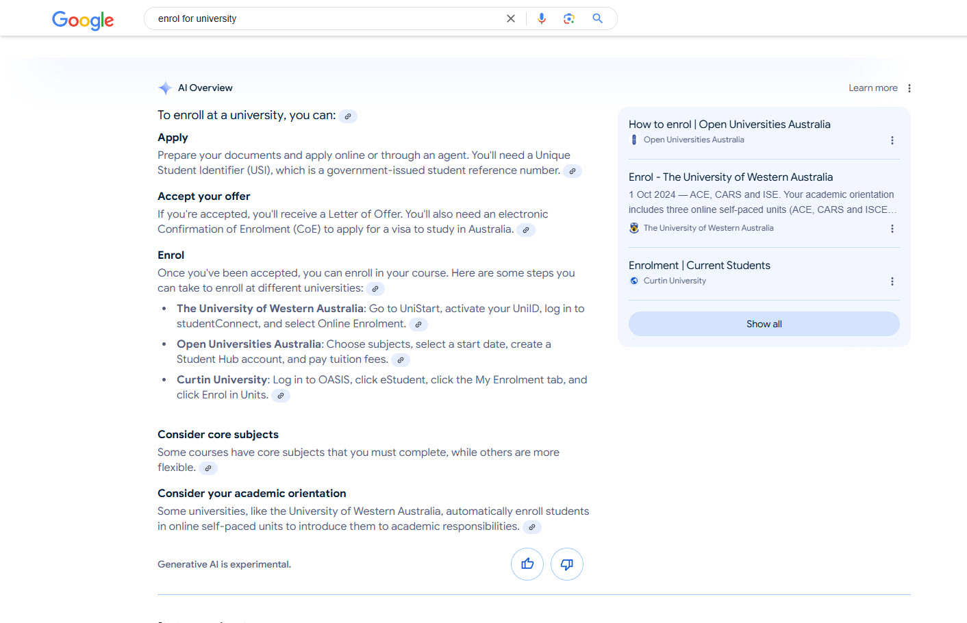A search in Google for "enrol for university" showing an AI Overview answer.