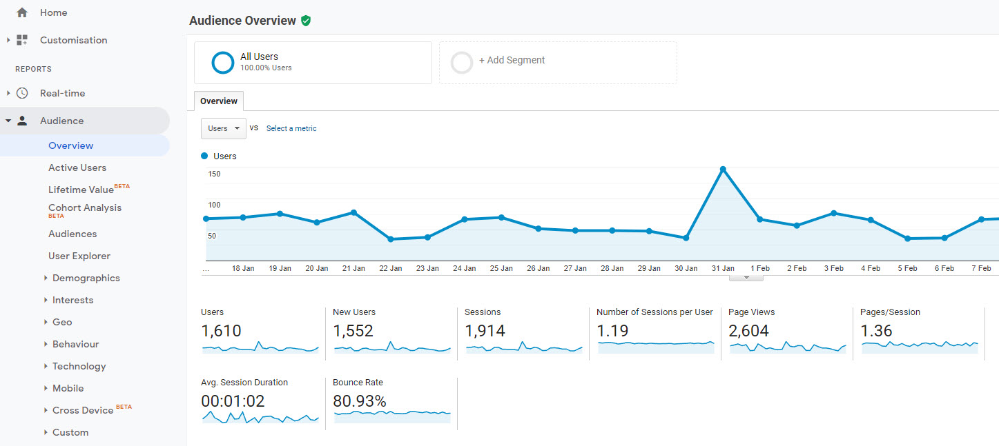 Example GA Report showing audience overview.