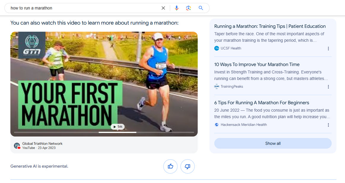 Overview AI screenshot with the query "how to run a marathon" showing a video.