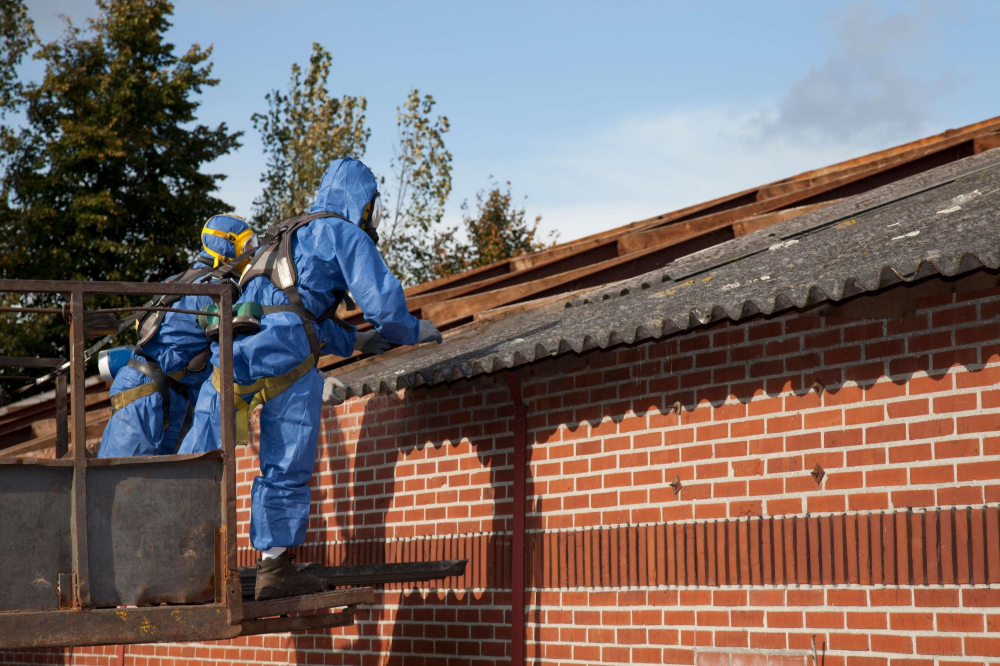 Two people dressed in sperm suits for safe removal of asbestos from a residential home.