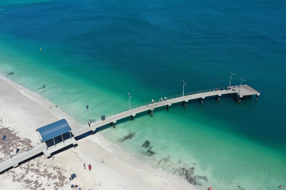 View over Jurien Bay Tourist Park jetty in Western Australia.