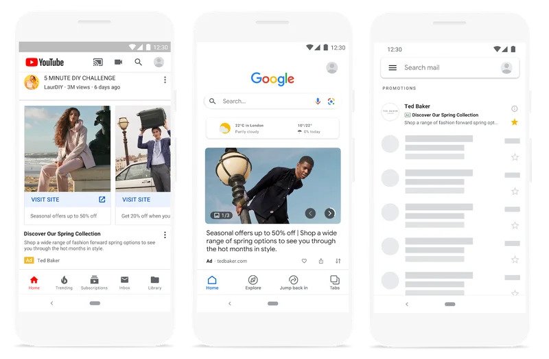 Three phone mockup screens showing the different Google ad types of Discovery campaigns as examples on YouTube, the Google app and in Gmail.
