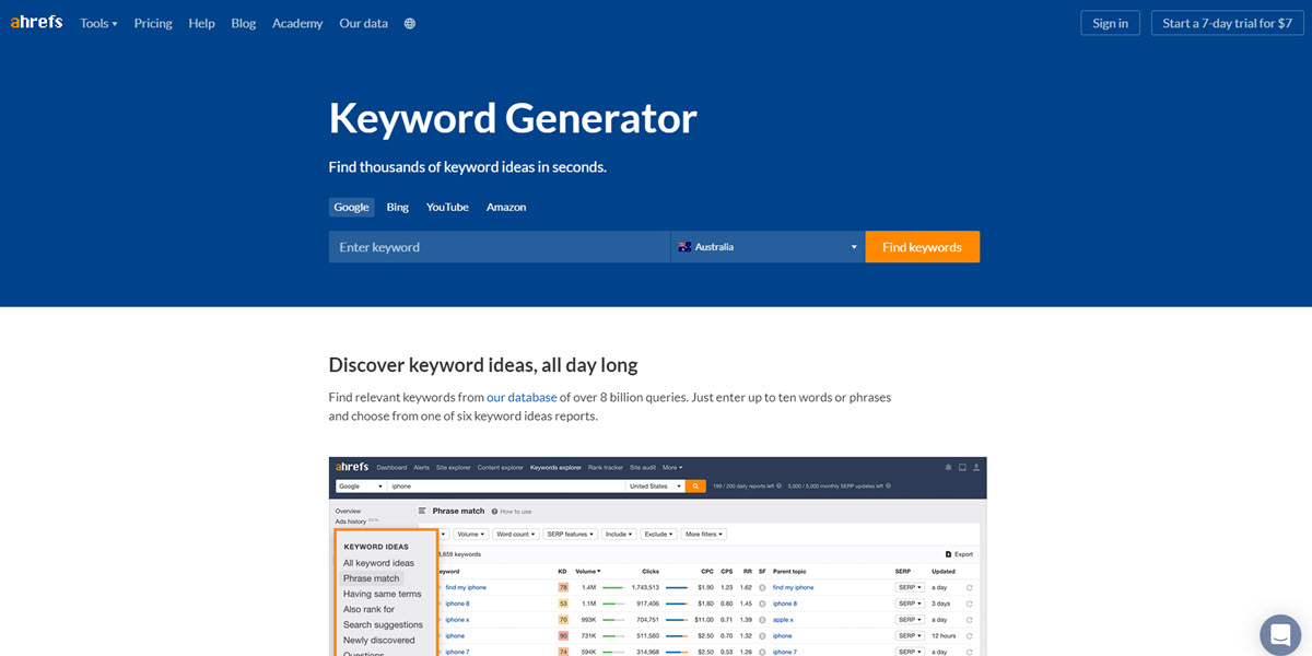 Keyword Generator ahrefs keyword research tool.